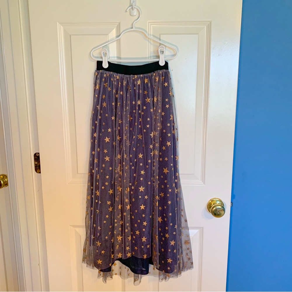 Hannah Banana girls’ size 12 gold starry night navy-blue mesh long skirt